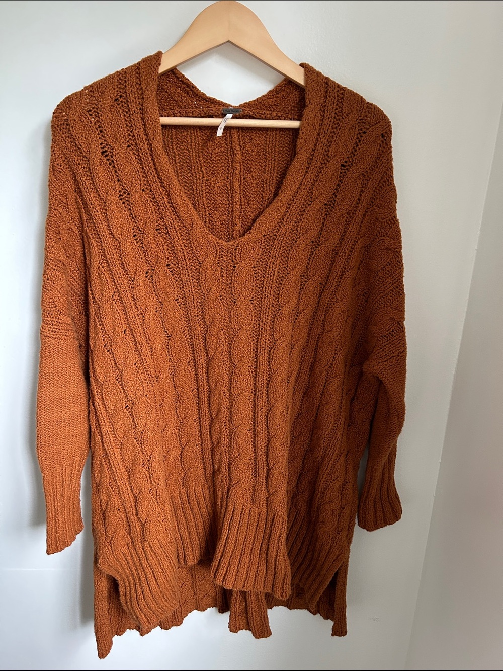 Free People Rust Cable Knit Oversized V-Neck Sweater, Slouchy Boho